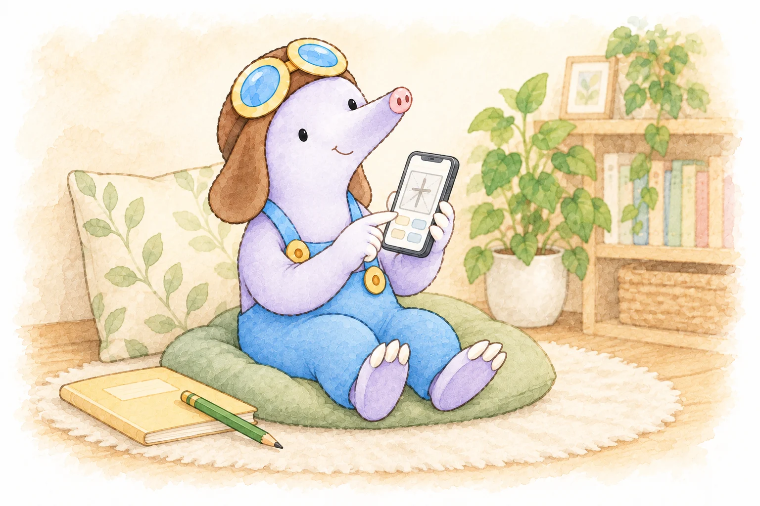 クッションに座り、スマホで漢字に取り組むAndy
