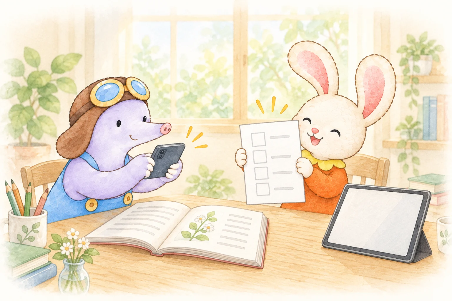 教科書を撮影するAndyと、紙とタブレットで問題を確かめるConny